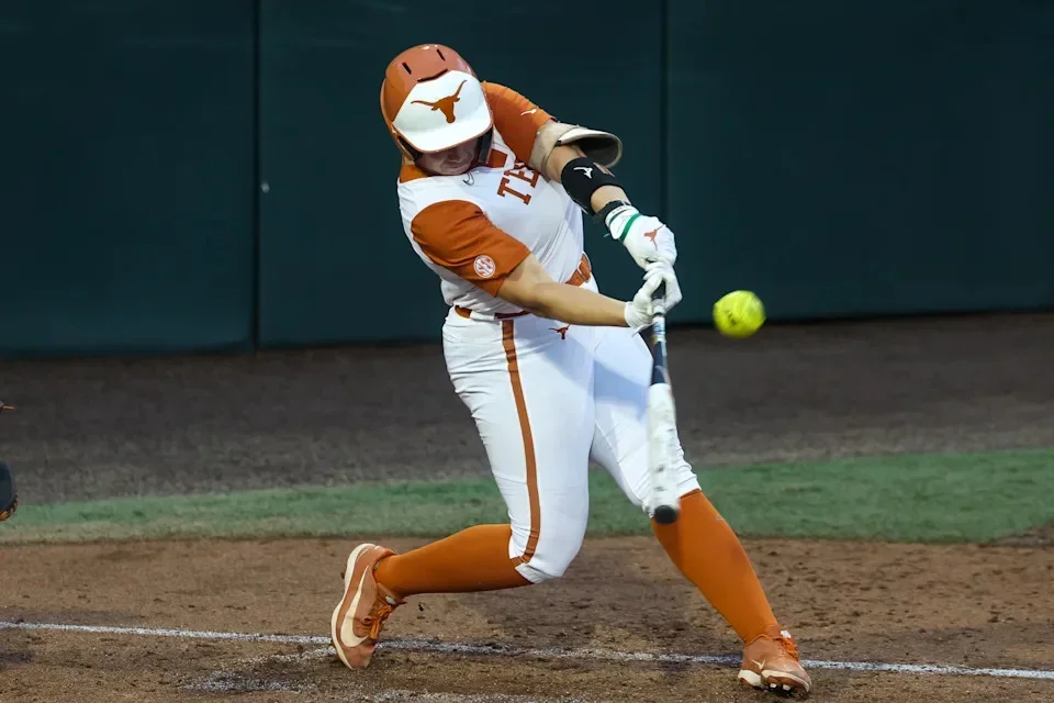 AUSTIN, TX - APRIL 22: Utility Katie Stewart #20 of the Texas Longhorns hits a long fly ball during the college softball game between Texas Longhorns and Oklahoma State Cowgirls on April 22, 2026, at Red & Charlie McCombs Field in Austin, TX. (Photo by David Buono/Icon Sportswire via Getty Images) | Icon Sportswire via Getty Images